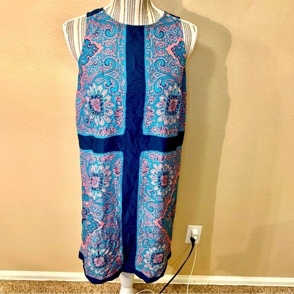 LOFT Sheath Dress Small Teal Pink Navy Sleeveless Lightweight Patterned Back Zip